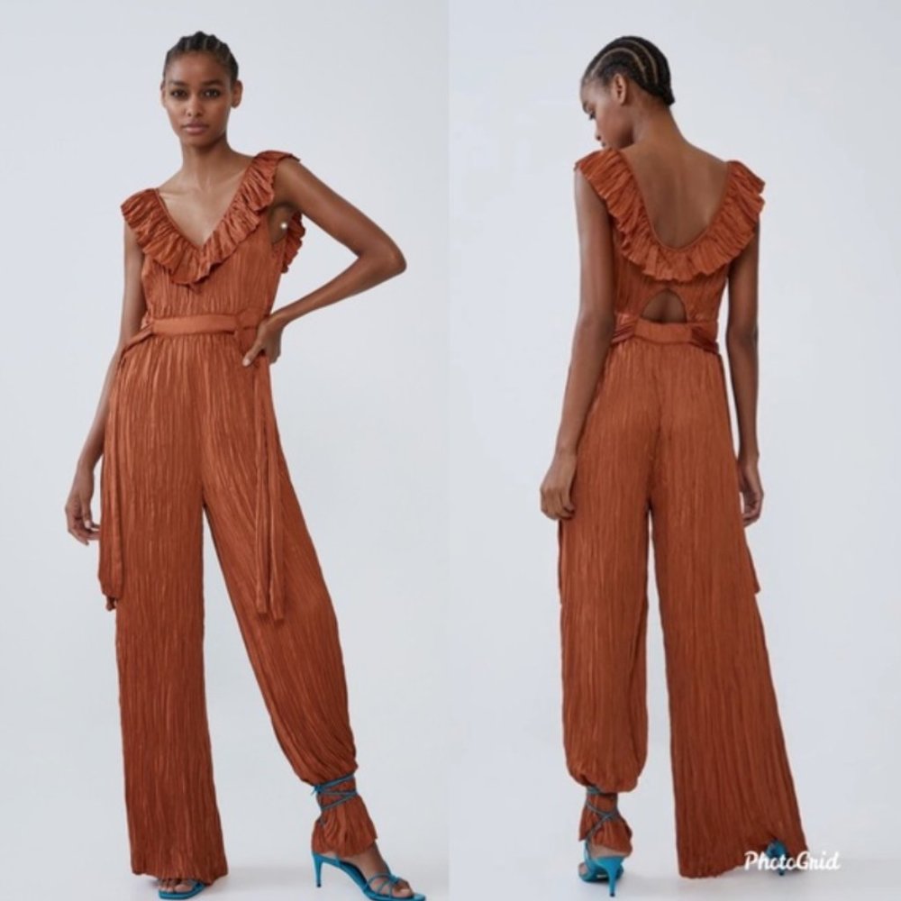 Zara Crinkled Ruffled Satin Jumpsuit Orange xs